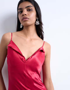 Model wearing Folded edge satin Cami slip maxi in rose maroon