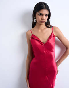 Model wearing Folded edge satin Cami slip maxi in rose maroon