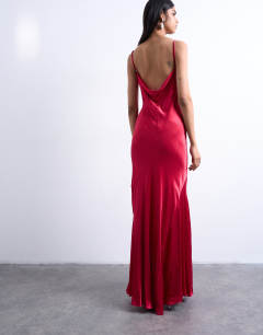 Model wearing Folded edge satin Cami slip maxi in rose maroon