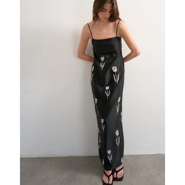 Topshop foldover bust maxi dress with embroidered flowers in black | ASOS