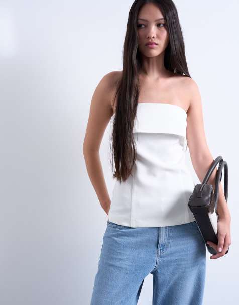 Topshop foldover long line top bandeau in ivory - view 1