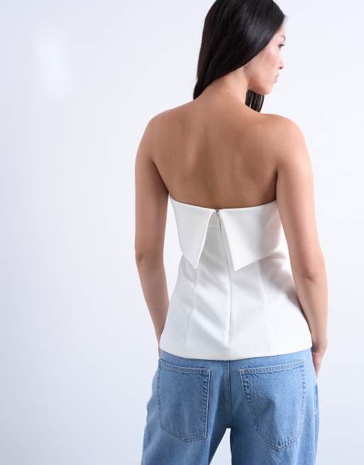 Topshop foldover longline bandeau top in ivory, 3 of 4