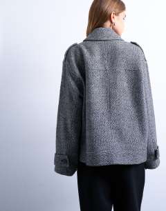 Model wearing Formal 80s double breast bomber with wool in grey