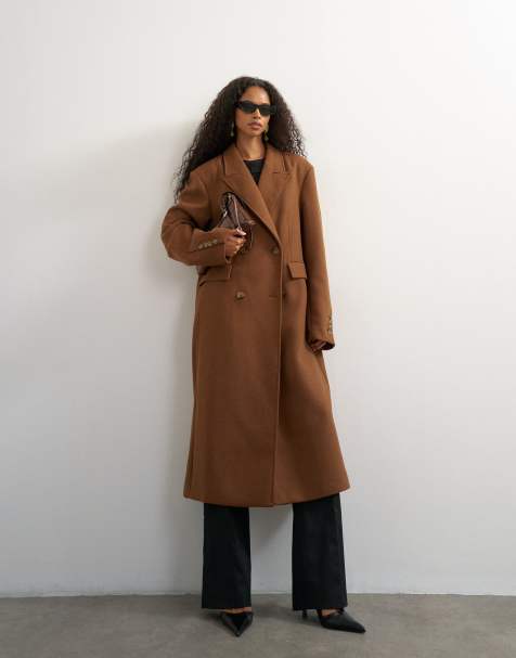 Topshop formal double breasted longline coat in toffee - view 1