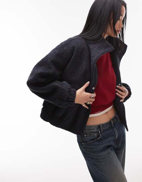 Topshop formal funnel neck boucle bomber style coat in navy - view 1