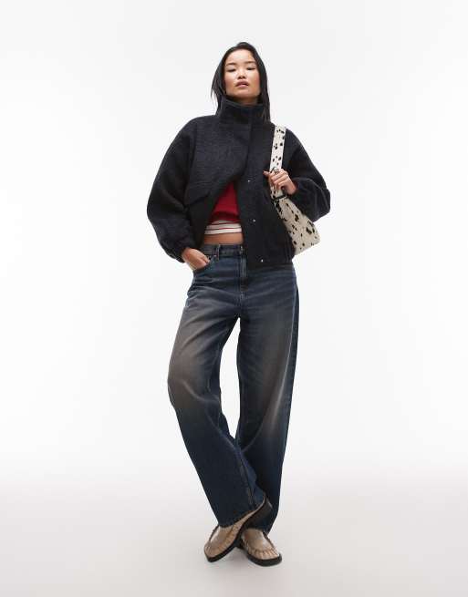 Topshop formal funnel neck boucle bomber style coat in navy