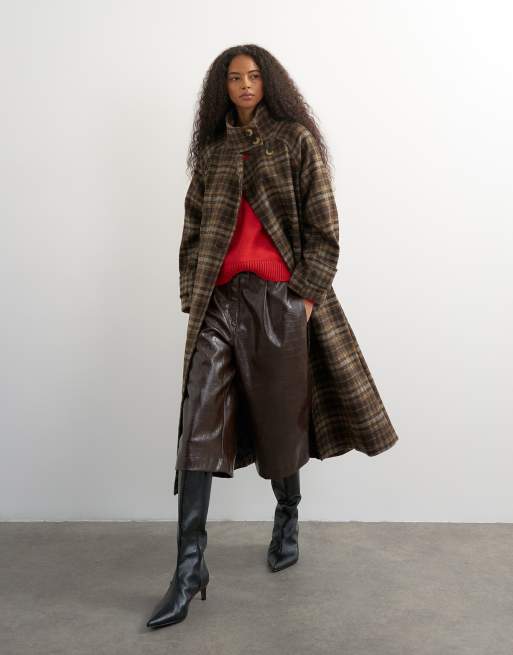 Topshop formal funnel neck longline coat in brown check | ASOS