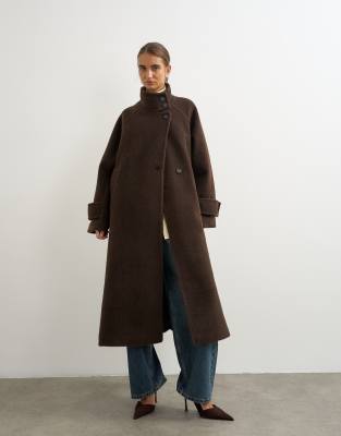 Topshop Formal Funnel Neck Longline Coat In Brown