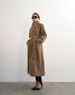 Model wearing Formal long trench jacket in mocha