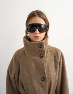 Model wearing Formal long trench jacket in mocha