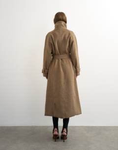 Model wearing Formal long trench jacket in mocha