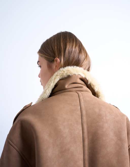 Topshop formal longline faux shearling coat in brown and cream, 3 of 4