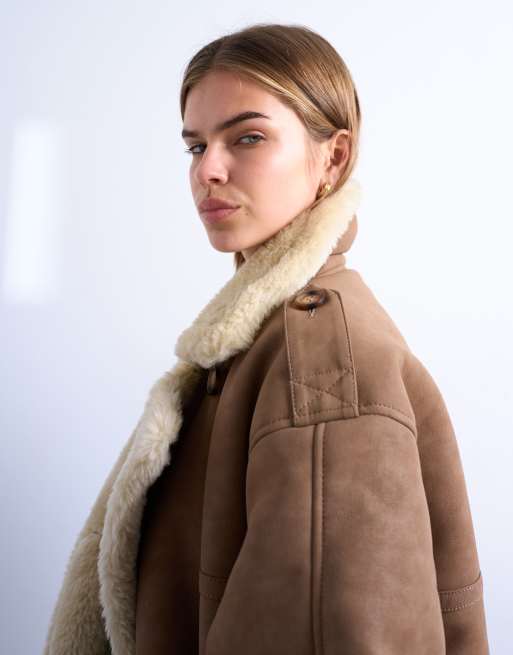 Topshop formal longline faux shearling coat in brown and cream