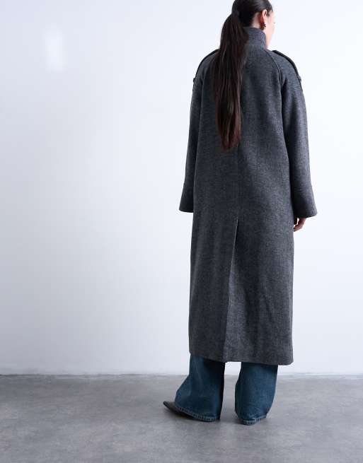 Topshop formal longline funnel neck car coat in gray