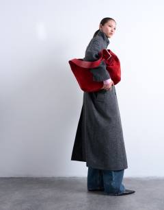 Model wearing Formal longline funnel neck car coat in grey