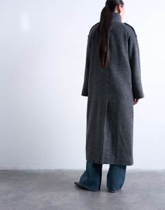 Model wearing Formal longline funnel neck car coat in grey