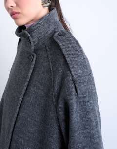 Model wearing Formal longline funnel neck car coat in grey