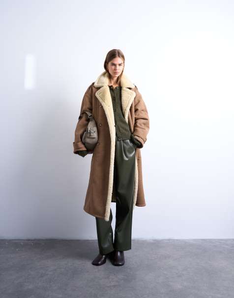 Topshop formal longline shearling coat in brown and cream - view 1