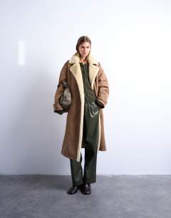 Formal longline shearling coat in brown and cream