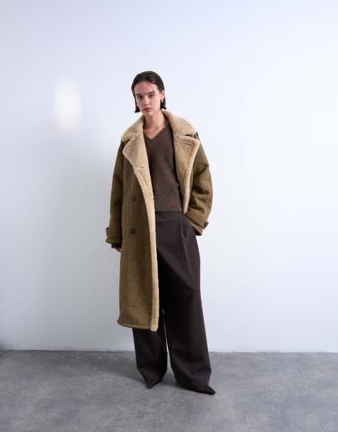 Topshop formal longline shearling coat in khaki - view 1