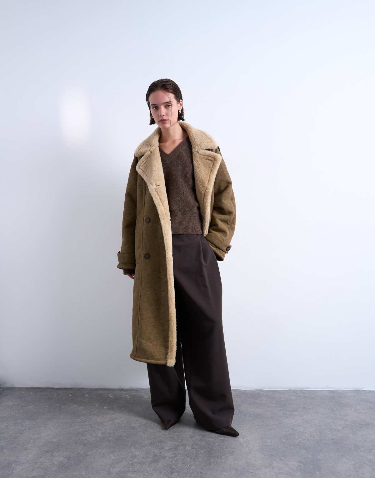 Topshop formal longline shearling coat in khaki