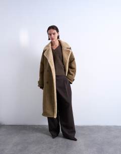Formal longline shearling coat in khaki