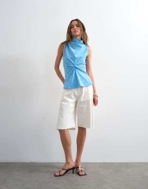 Topshop formal twist front funnel cowl top in blue, 2 of 4