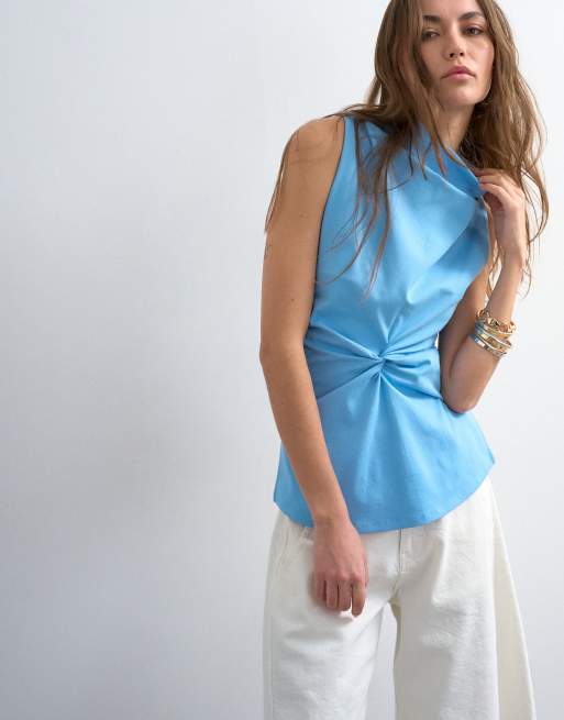 Topshop formal twist front funnel cowl top in blue, 3 of 4