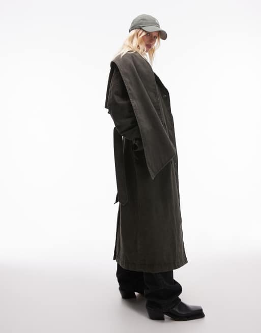 Topshop - Forvasket grøn dekonstrueret trenchcoat i bomuld, 2 af 4