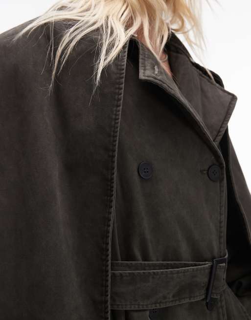 Topshop - Forvasket grøn dekonstrueret trenchcoat i bomuld, 3 af 4