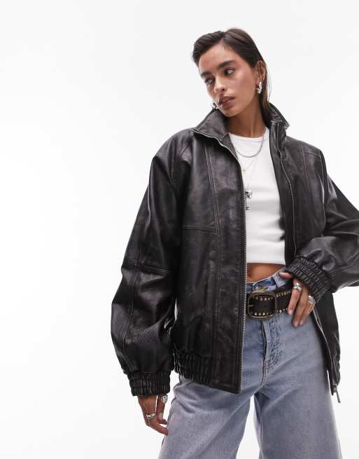 Topshop - Forvasket sort 80'er bomber-jakke med sømdetaljer i ægte læder