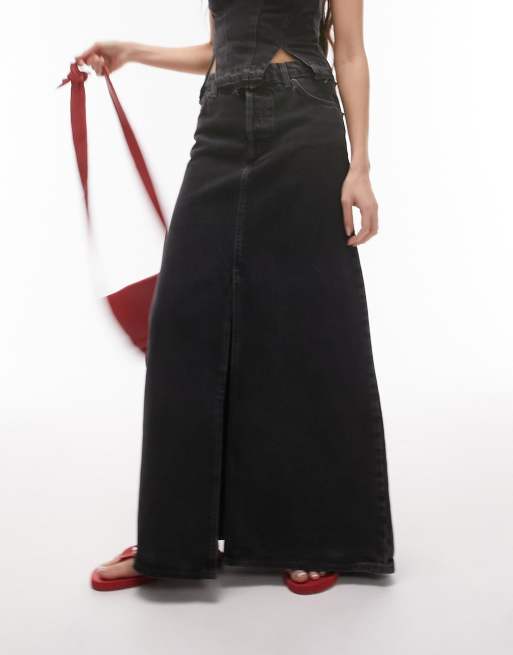 Topshop - Forvasket sort lavtaljet maxinederdel i denim