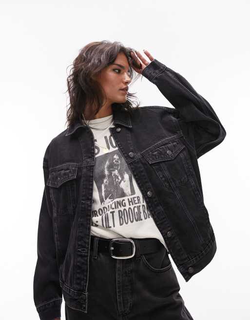 Topshop - Forvasket sort oversized denimjakke
