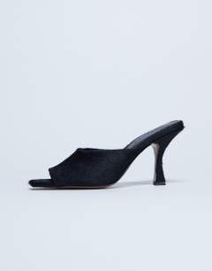 Fox heeled mule in black hair on real leather