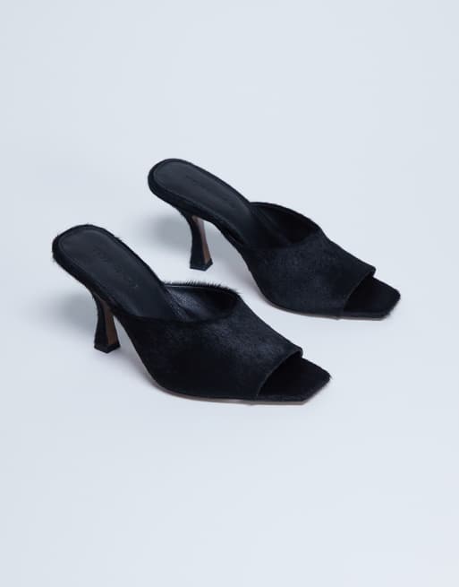 Topshop Fox heeled mule in black hair on real leather, 2 of 4