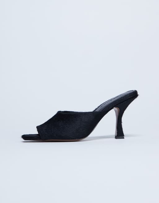 Topshop Fox real leather pony heeled mule in black 