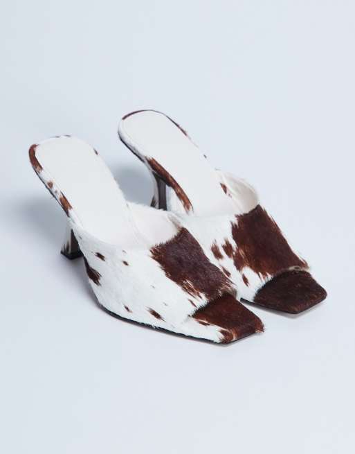 Topshop Fox real leather pony heeled mule in cow print ASOS