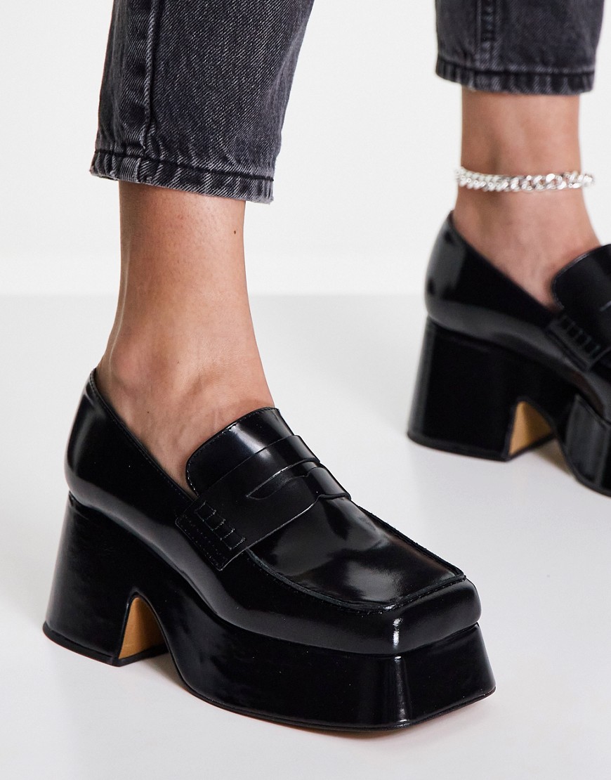 Topshop Fox square toe heeled loafer in black
