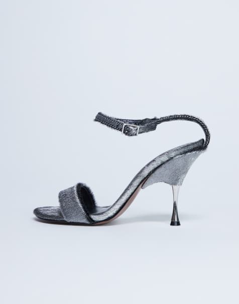 Topshop Fran real leather shoes with metal high heel in silver pony - view 1