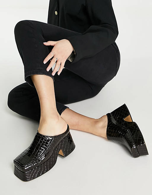  Heels/Topshop France square toe heeled mule in chocolate croc 