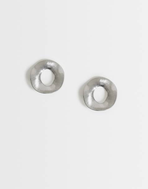 Topshop Francis waterproof stainless steel round earrings in silver brushed - view 1