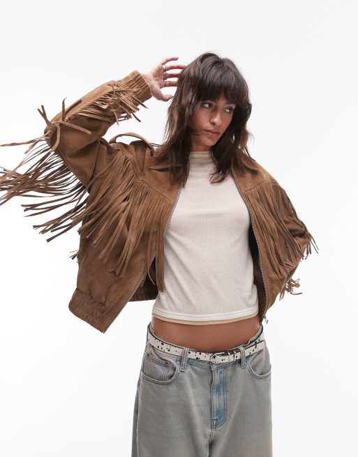 Topshop – Fransenjacke aus echtem, hochwertigem Wildleder in Sand, 4 von 4