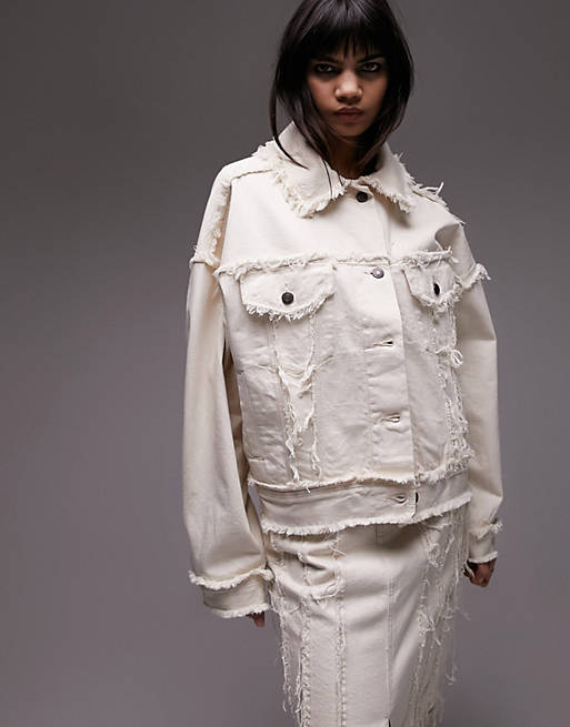 Topshop frayed oversized denim jacket in ecru | ASOS