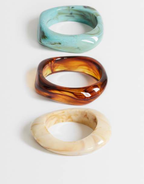 Topshop - Freddie - Pack de 3 pulseras rígidas color crema, turquesa y marrón de resina - view 1
