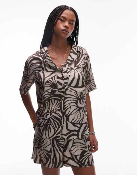 Topshop – Freizeithemd aus Satin in Braun mit Muschelmuster, Kombiteil - view 1