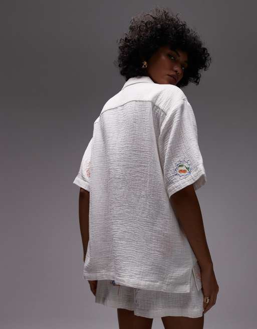 Topshop – Freizeithemdbluse aus Baumwolle in Weiß mit Kritzel-Stickerei, Kombiteil, 3 von 4