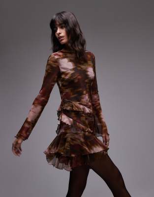 Topshop - Freizeitkleid mit platzierten Rüschen und verschwommenem Blumenmuster-Bunt