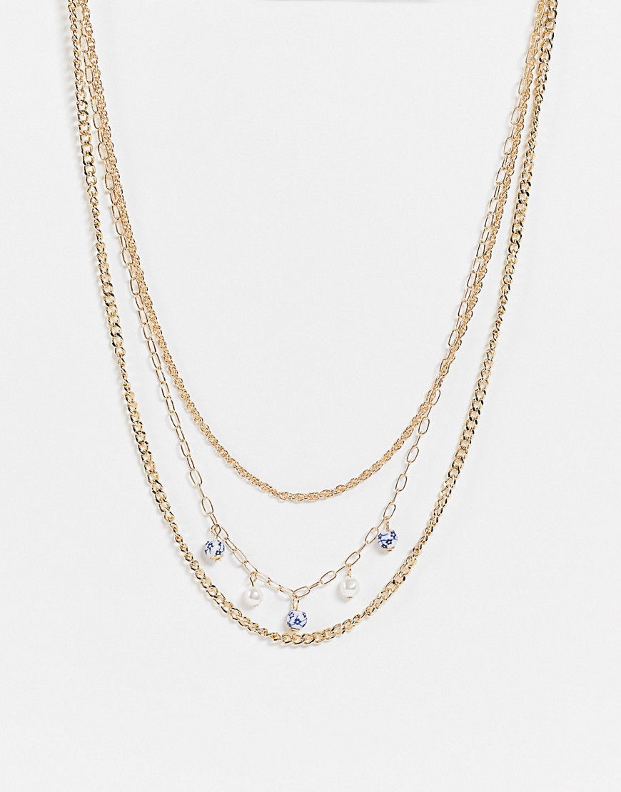 Topshop fresia bead and pearl charm multirow necklace in gold