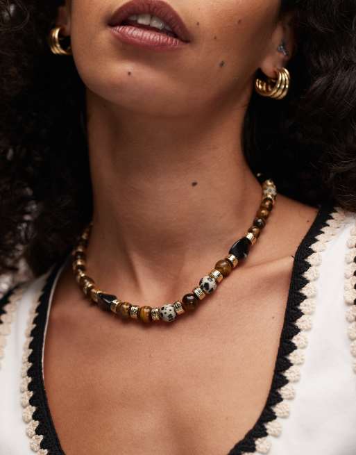 Topshop - Freya - Collana marrone e oro con perline miste 