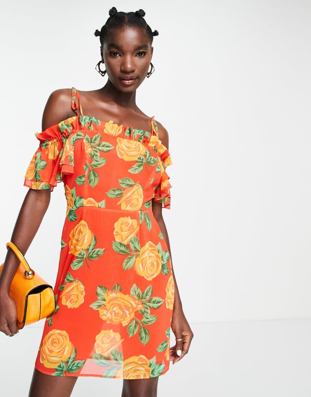 Topshop frill bardot tie shoulder floral mini dress in orange